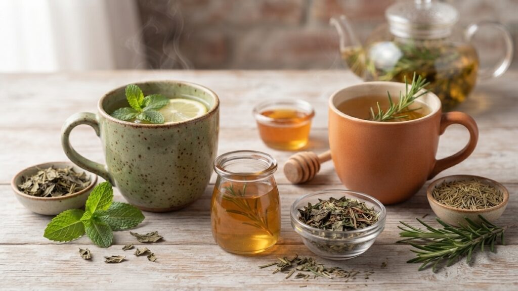Ramitas secas de romero y hojas frescas de menta junto a una taza humeante de té.