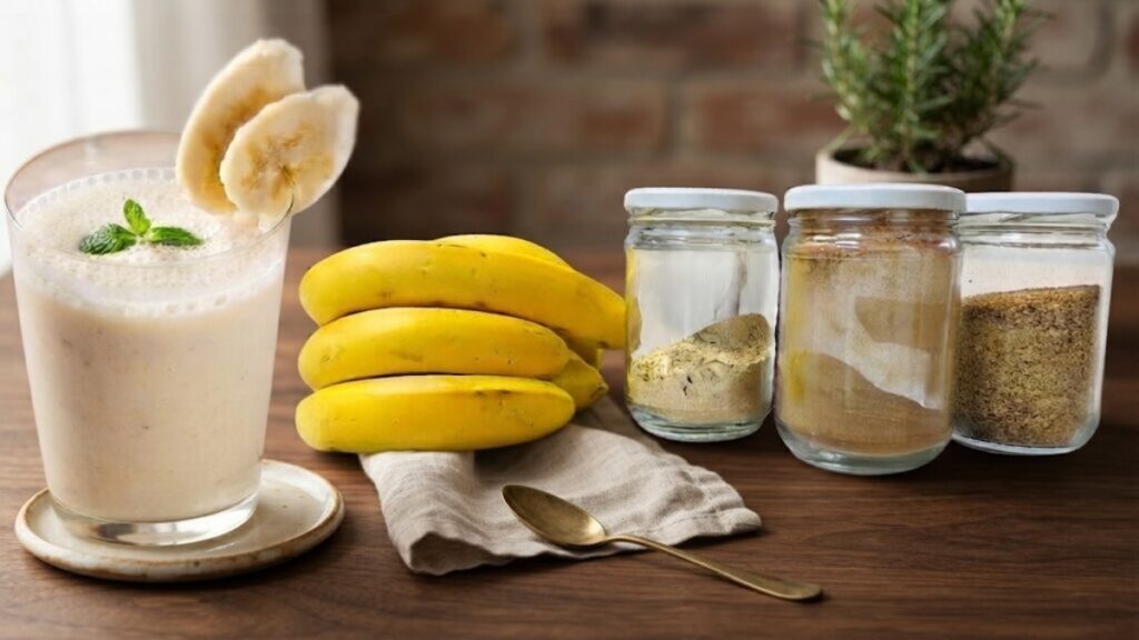 Taza con un batido funcional de plátano y maca peruana para aliviar los síntomas de la menopausia.